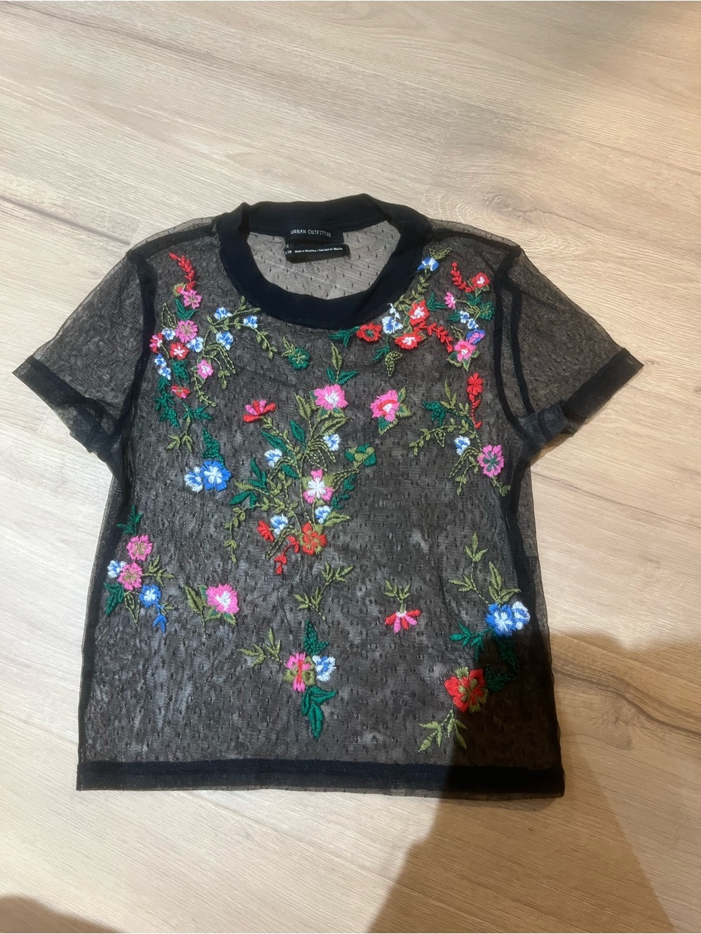Urban Outfitters Black Sheer Floral Embroidered Tee
